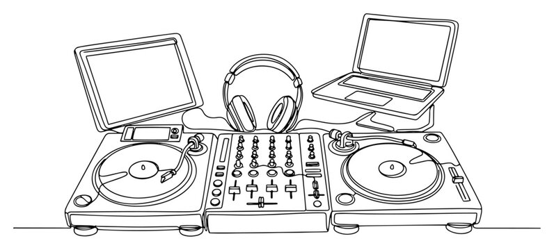 Professional DJ equipment setup including turntables mixer and headphones rendered in continuous line art style