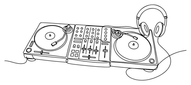 Continuous line drawing of DJ controller with turntables and headphones for music mixing
