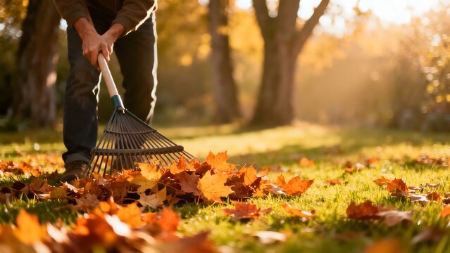 Person raking autumn leaves in garden
