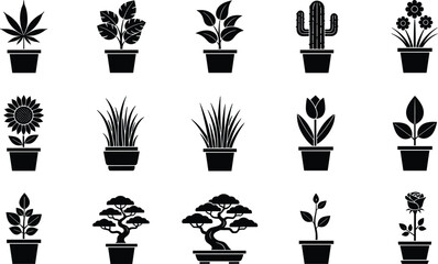 Fototapeta premium Potted Plant Silhouette Icon Set with Houseplants Flowers Bonsai and Cactus Shapes for Home Gardening Interior Decoration and Botanical Graphic Vector Design