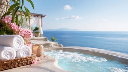 Naklejka na ściany i meble Luxury spa towels by outdoor jacuzzi with peaceful sea view