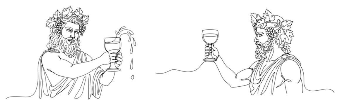 Continuous line drawing of Greek god Dionysus holding a wine chalice and grapes