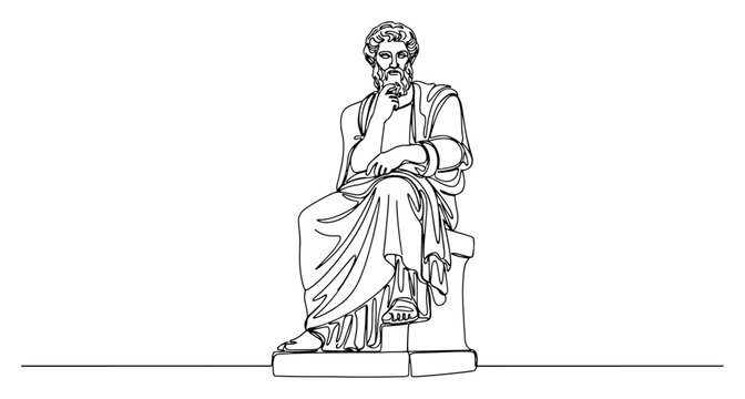 Classical Greek philosopher statue seated in deep thought drawn in minimalist continuous line art