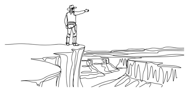 Continuous line drawing of a cowboy standing on a canyon cliff overlooking the wild west landscape