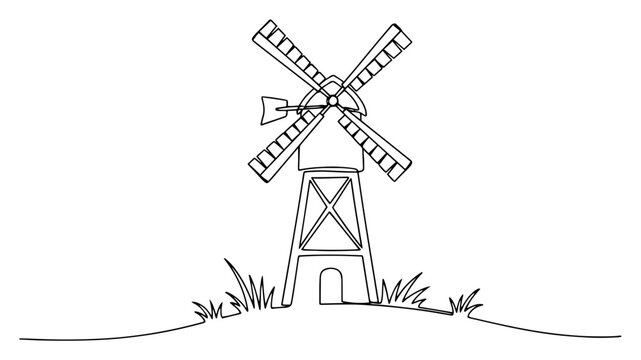 Continuous line drawing of a traditional wooden windmill in a rural field landscape