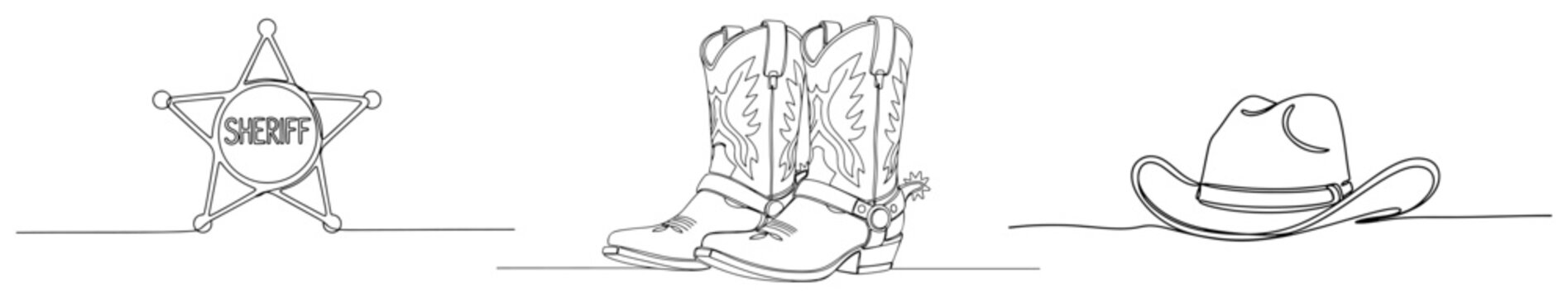Continuous line drawing of wild west accessories including sheriff badge boots and hat