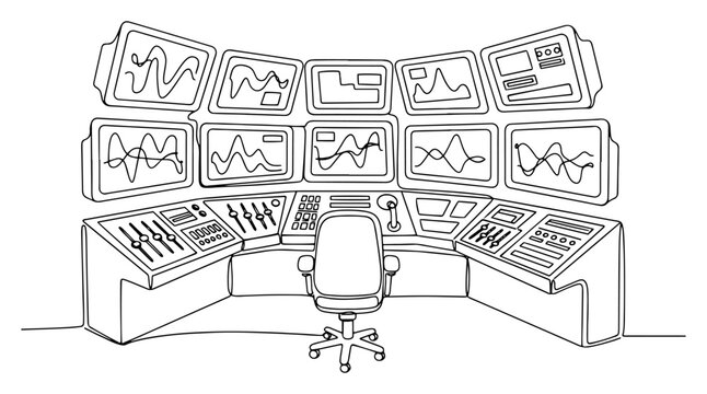 Continuous line drawing of a mission control center with multiple monitors and command console