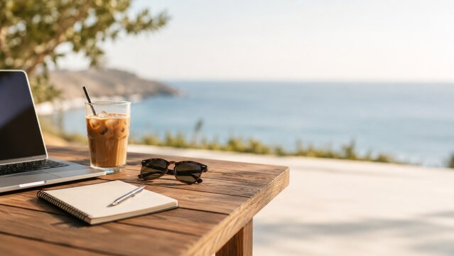 Coastal remote work desk with laptop iced coffee sunglasses and notebook