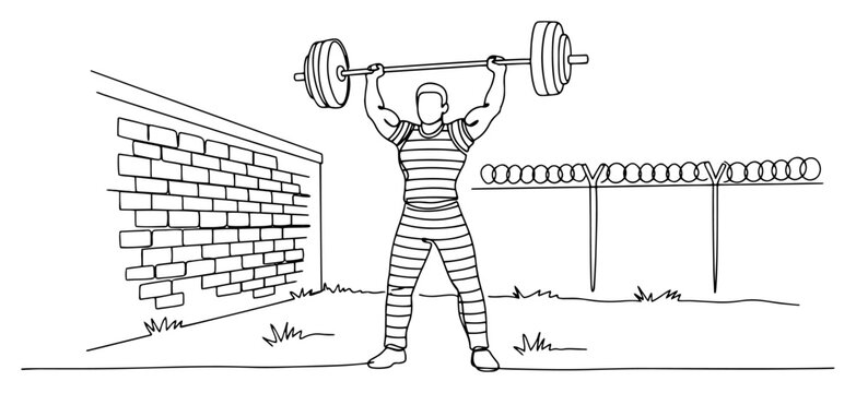 One line drawing of a prisoner lifting a heavy barbell in a jail yard