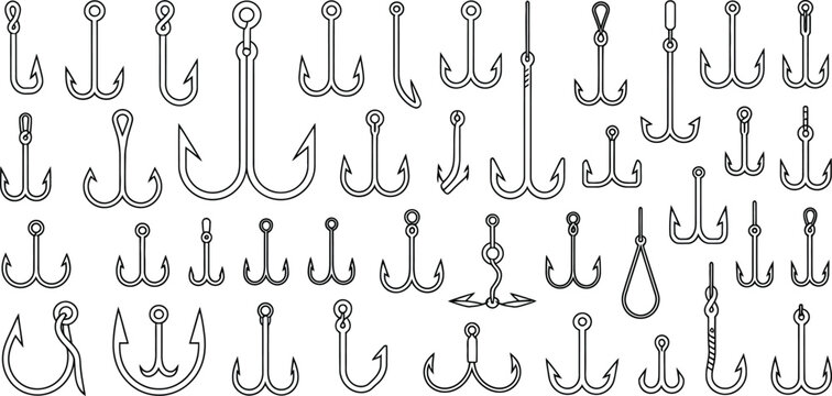 40 Metal Fishing Hook Icons, Black Outline Hook Symbols, Vector Fishing Equipment Illustrations, Nautical Graphics Collection