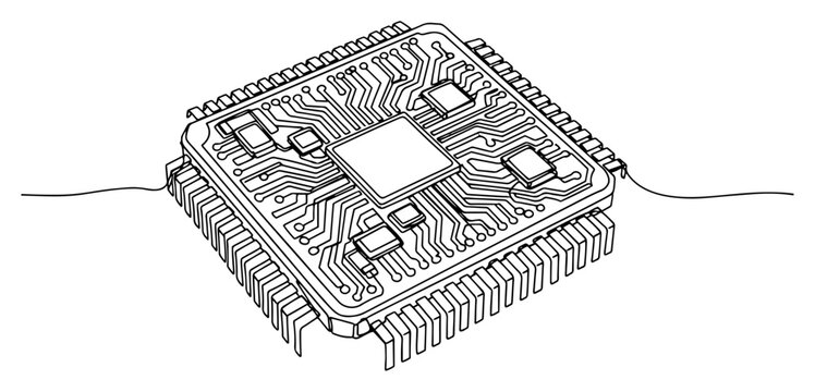 Continuous one line drawing of a computer processor microchip with circuit board patterns