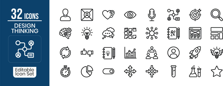 Editable design thinking icon set 32 seo friendly icons for ux innovation strategy
