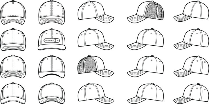 Baseball Cap, Vector Hats, Black and White Illustrations, 20 Different Designs