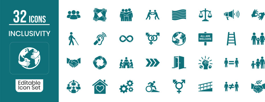 Inclusivity editable icon set 32 diverse symbols for diversity and accessibility