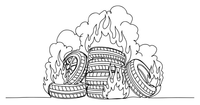 Continuous line drawing of a pile of car tires burning with flames and thick smoke