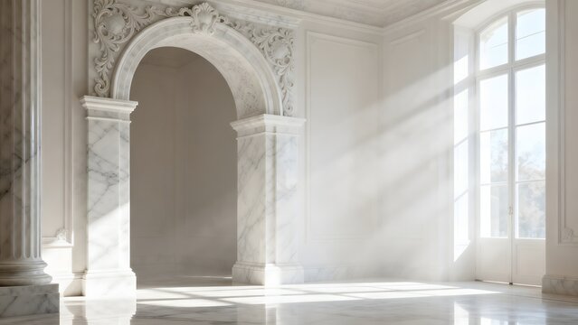 Elegant marble room with arch and sunlight