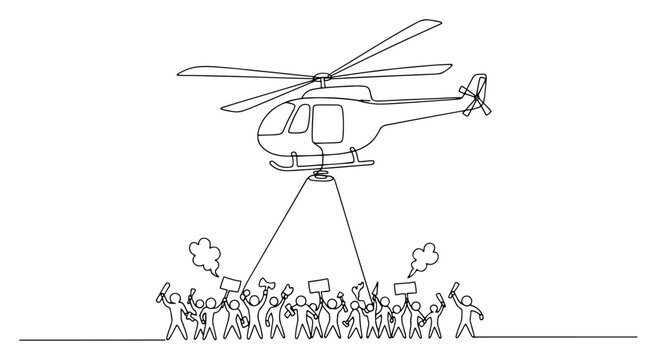 Single line art of a helicopter monitoring a crowd of protesters with signs during a public demonstration