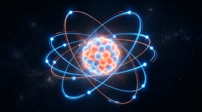 Detailed close-up of a realistic atom model with glowing electrons
