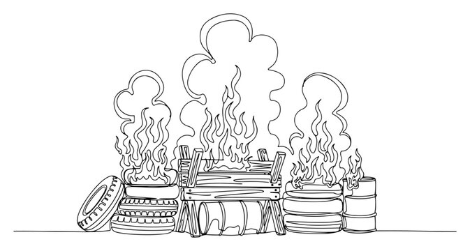 Continuous line drawing of a burning barricade with tires barrels and smoke during a protest