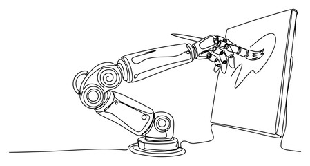 Fototapeta premium Continuous line drawing of a robotic arm painting a heart on a canvas in minimalist style