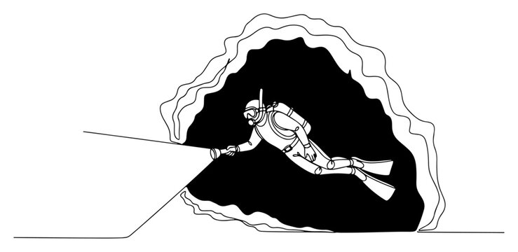 Continuous line drawing of a scuba diver exploring an underwater cave with a flashlight