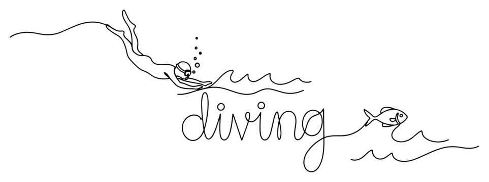 Continuous one line drawing of a diver swimming underwater near a fish with diving text