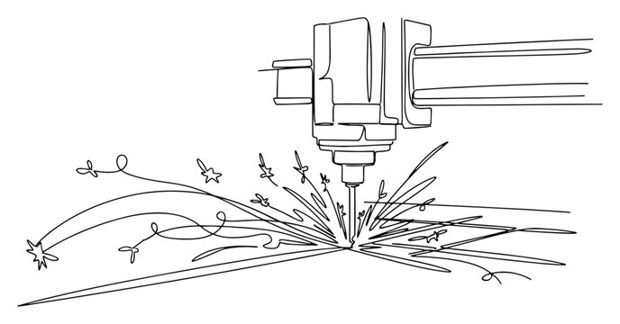 Continuous one line drawing of an industrial laser cutting machine with sparks on metal plate