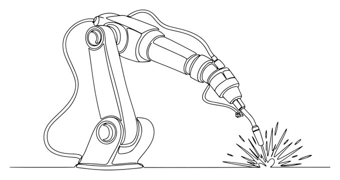 Continuous line drawing of an industrial robotic arm welding a heart shape with sparks