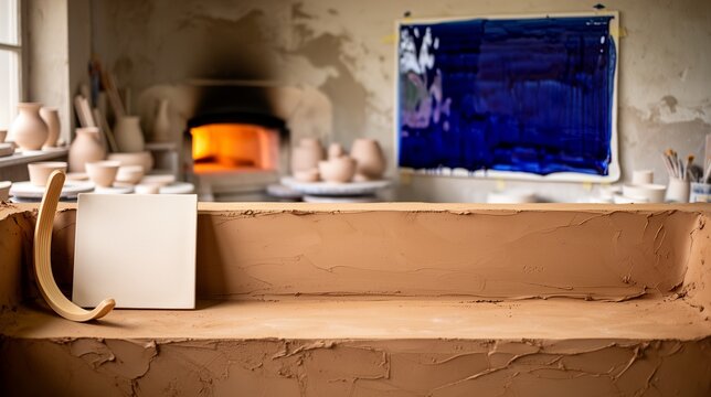 Ceramics Studio Clay Shelf with Cobalt Glaze Background for Product Placement