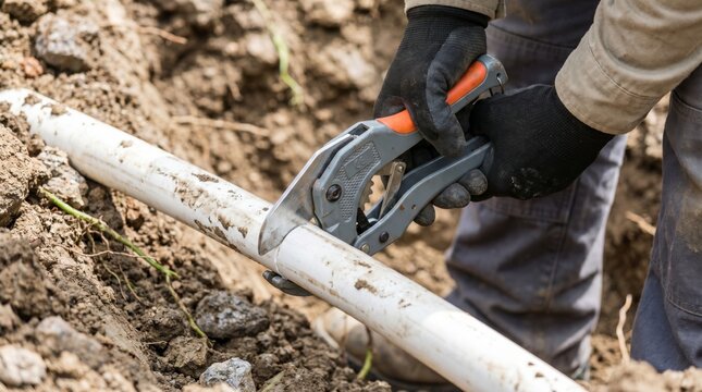 Construction worker using ratcheting pipe cutters to cut a white PVC plumbing pipe in a dirt trench
