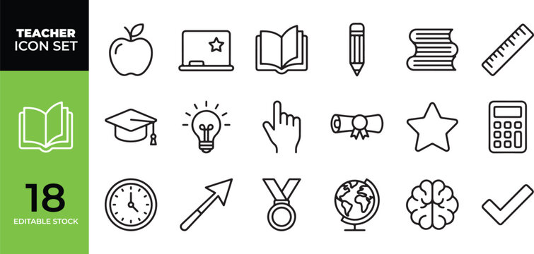 Set of eighteen thin line vector icons representing school and teacher educational supplies and classroom objects with education classroom calculator learning academic university