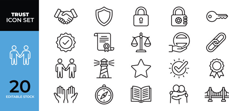 Collection of twenty thin line vector icons depicting business trust security handshake and partnership concepts with business handshake security partnership integrity agreement