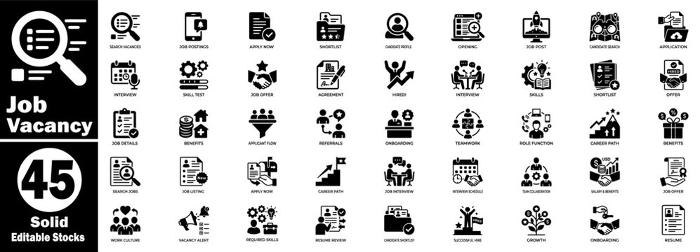 Job vacancy solid icons, collection for recruitment process, human resources, and career search business vector elements.