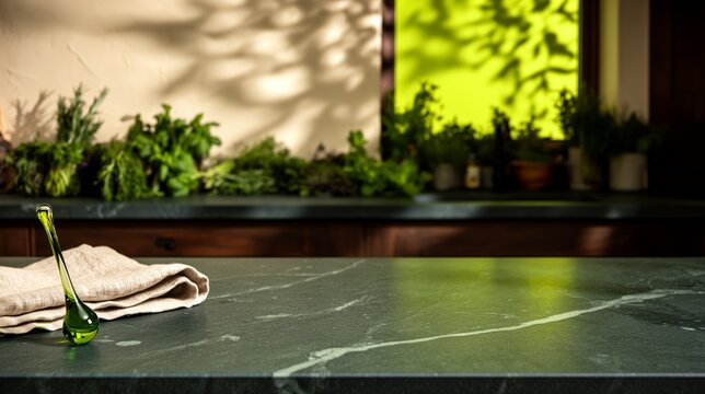 Botanical Kitchen Soapstone Counter with Chartreuse Glow for Product Placement