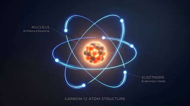 Detailed Atomic Structure Illustration with Glowing Orbits and Nucleus in Dark Space