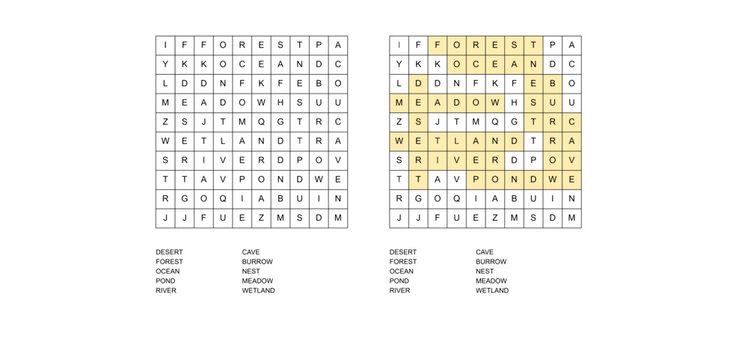 Animal Habitats Word Search Worksheet with Answer Key