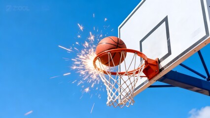 Naklejka premium Basketball in hoop with sparks