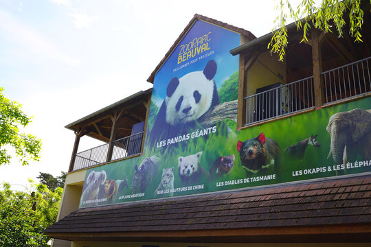 BEAUVAL, FRANCE - MAY 13, 2026: Information banner showing animal exhibits at ZooParc de Beauval.