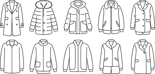 Coat, jacket, and parka icons, winter clothing set, vector illustrations, black and white © KABIR678