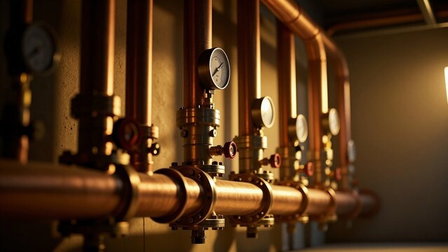 Professional Industrial Geothermal Manifolds with Polished Copper Piping and Pressure Gauges in Modern Facility