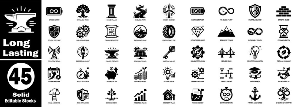 Long-lasting solid icon set. Featuring durability, sustainability, endurance, reliability, and permanent business growth sign.