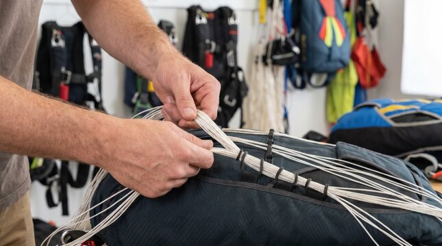Skydiver organizing and checking the white suspension lines of a parachute canopy