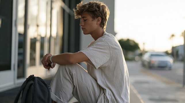 Teenage boy with a hospital ID bracelet still on his wrist sits outside a facility entrance on a July morning, backpack at his feet, a parent's car pulling up in the distance as the aftermath moment