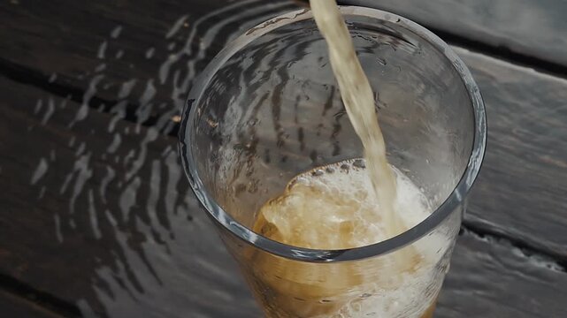 Close Up Pouring Fresh Cold Craft Beer into Glass on Dark Wood Table
