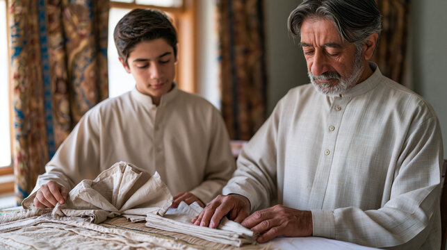 Pakistani father teaching his teenage son to properly set the iftar table for the first time alone, showing him how to fold cloth napkins and position the prayer mat, modest home dining room with pa