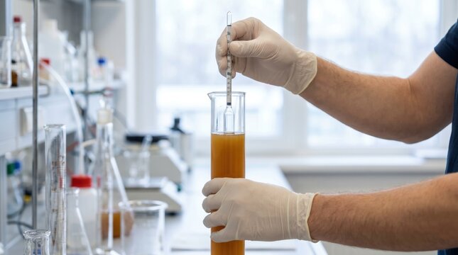 Laboratory technician using a hydrometer to measure liquid in a glass cylinder