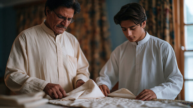 Pakistani father teaching his teenage son to properly set the iftar table for the first time alone, showing him how to fold cloth napkins and position the prayer mat, modest home dining room with pa