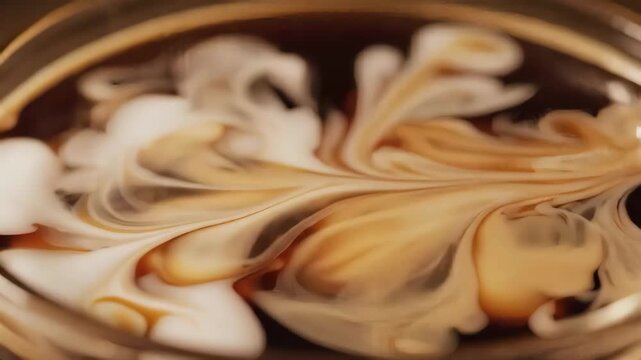 Close-up of cream swirling into black coffee in slow motion. Smooth, marble-like movement with warm cinematic lighting. Abstract beverage mixing
