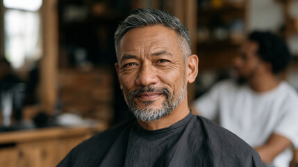 Obraz premium Middle-aged Filipino man sits in a barbershop chair after a haircut, studying his own reflection with an expression of deliberate reinvention, the barber behind him chatting casually, the moment of 