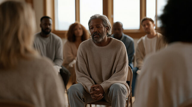 Multicultural grief support circle of eight adults seated on folding chairs in a church basement, tissues on laps, one member speaking with raw honesty while others lean forward in compassionate sil